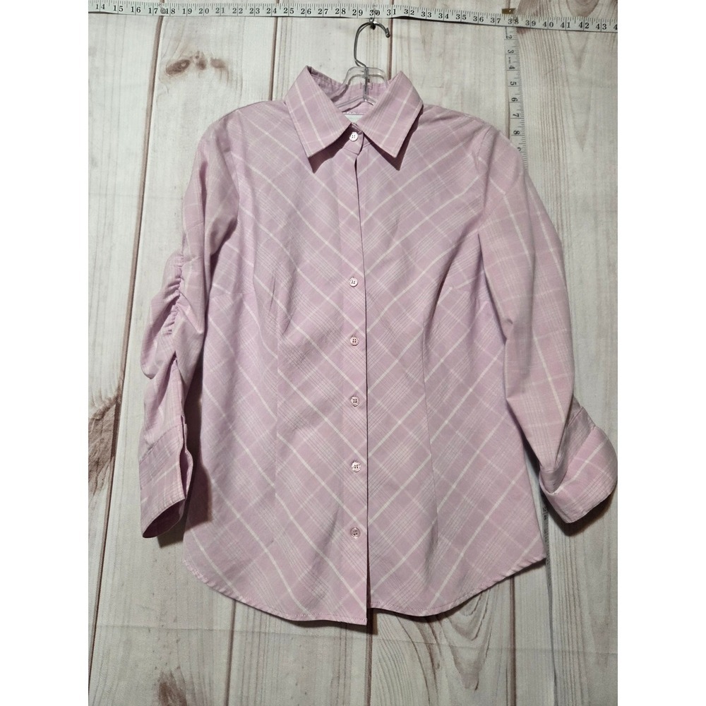 New York Company Pink White Plaid Stretch Button Up Shirt Womens Medium